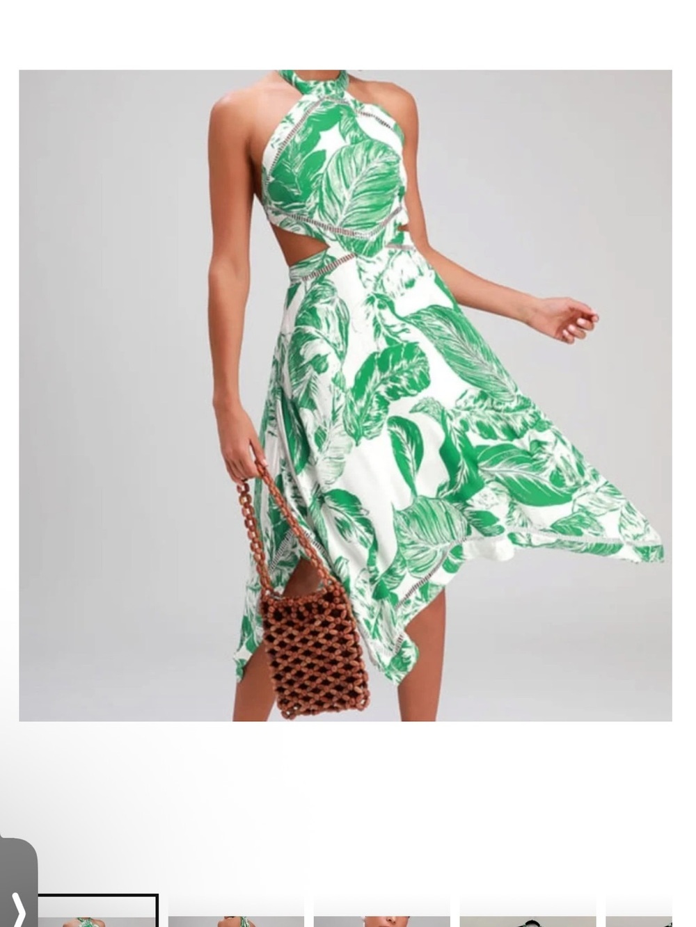 Lulus Green Tropical Leaf Print Halter Cutout Handkerchief Midi Dress Size Small